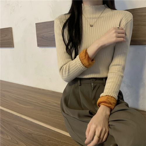 Демисезонный трикотажный утепленный свитер, приятный телу лонгслив, высокий воротник