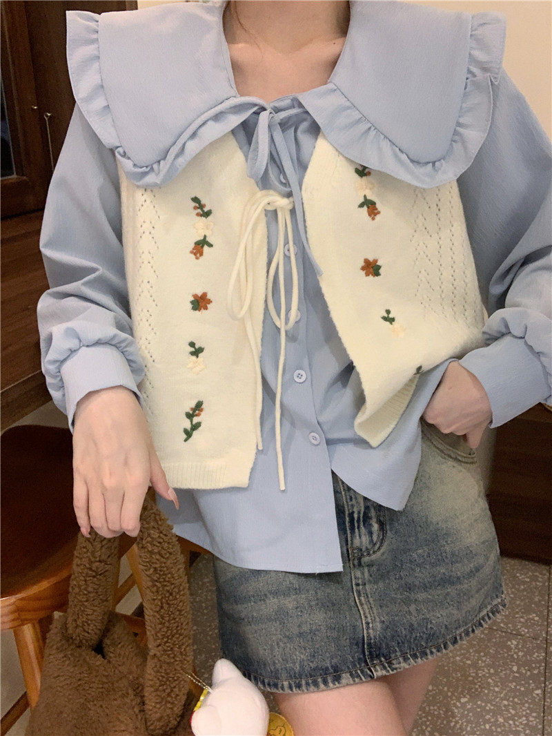 Стильные костюмы 春季穿搭套装2024女装甜美娃娃领长袖衬衫减龄刺绣针织马甲两件套 OTHER