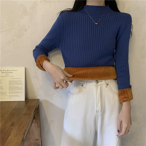 Демисезонный трикотажный утепленный свитер, приятный телу лонгслив, высокий воротник