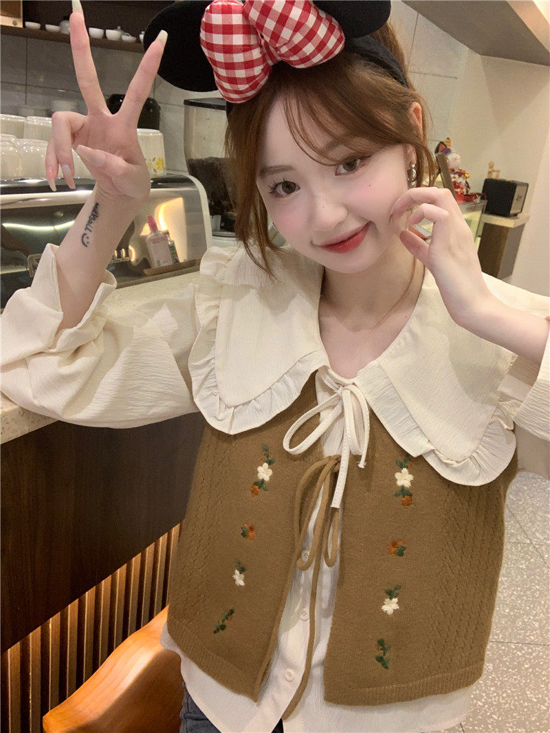 Стильные костюмы 春季穿搭套装2024女装甜美娃娃领长袖衬衫减龄刺绣针织马甲两件套 OTHER