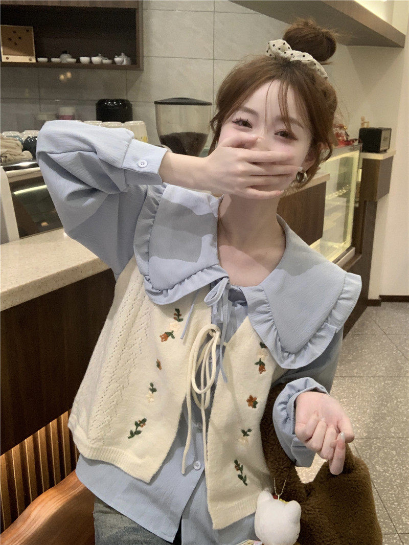 Стильные костюмы 春季穿搭套装2024女装甜美娃娃领长袖衬衫减龄刺绣针织马甲两件套 OTHER