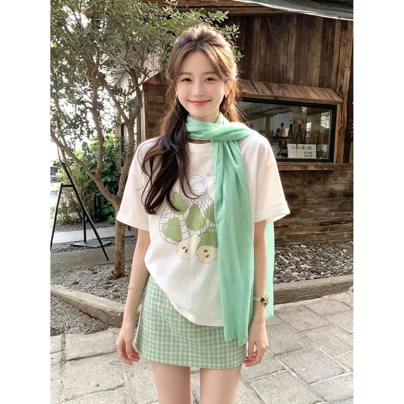 2026 Summer Mint Green Fruit Print T-Shirt and Skirt Set for Women, Korean Style Casual Versatile Summer Outfit Trend