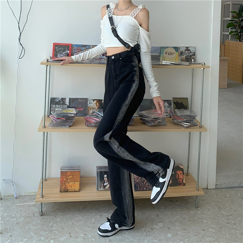 Black jeans for children, early autumn, niche design sense, drape, straight-leg loose long pants, high-waisted, slimming, wide-leg pants pic 10
