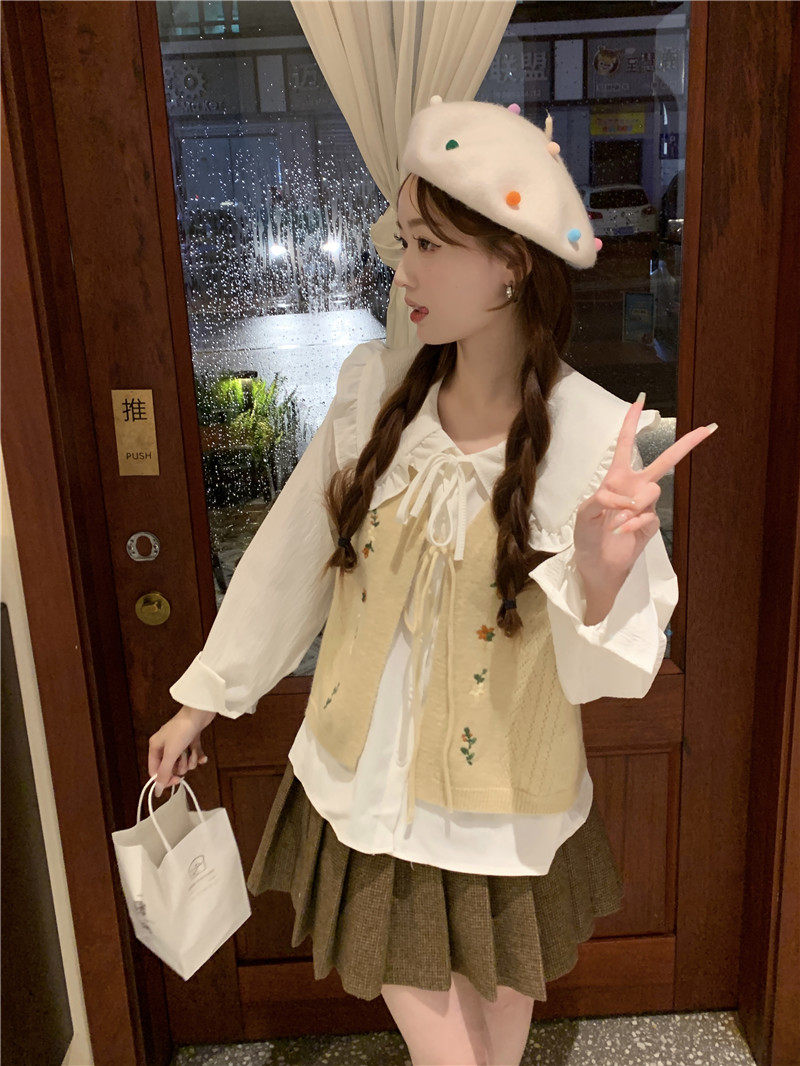 Стильные костюмы 春季穿搭套装2024女装甜美娃娃领长袖衬衫减龄刺绣针织马甲两件套 OTHER