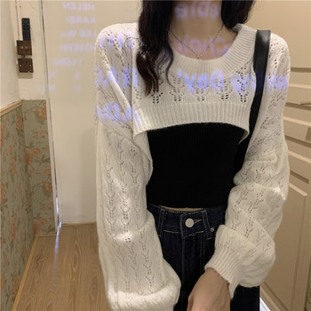 Design sense niche short tops lazy early autumn new women's hollow sunscreen blouses long-sleeved knitted sweaters