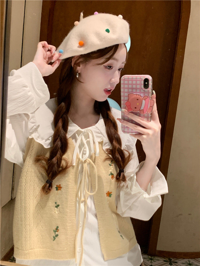 Стильные костюмы 春季穿搭套装2024女装甜美娃娃领长袖衬衫减龄刺绣针织马甲两件套 OTHER