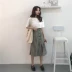 Mùa xuân và mùa hè mới của phụ nữ mở ngã ba cao đẳng lưới retro đàn hồi cao eo là mỏng sinh viên trong phần dài Một từ váy chân váy dài trắng Váy