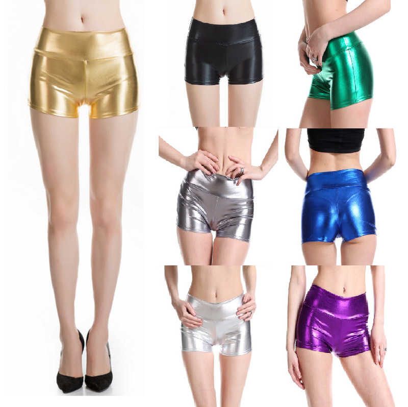 Cheerleader Sexy Elastic Tight-Fitting Faux Leather Shorts Nightclub Stage Performance Clothing Women's Gold and Silver Shiny Leather Hot Pants