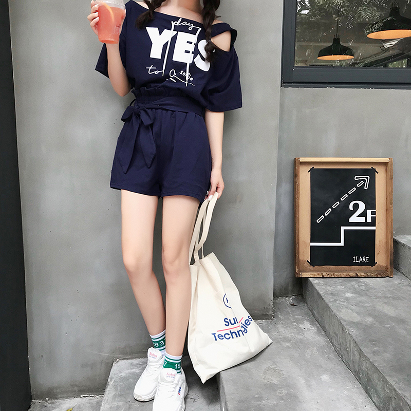 VK旗艦店 韓國學院風露肩寬鬆休閒圓領套裝短袖褲裝