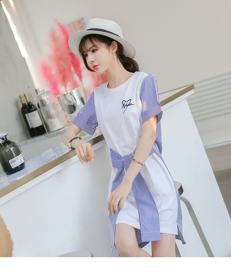 VK旗艦店 韓妞最愛條紋襯衫拼接綁帶短袖洋裝