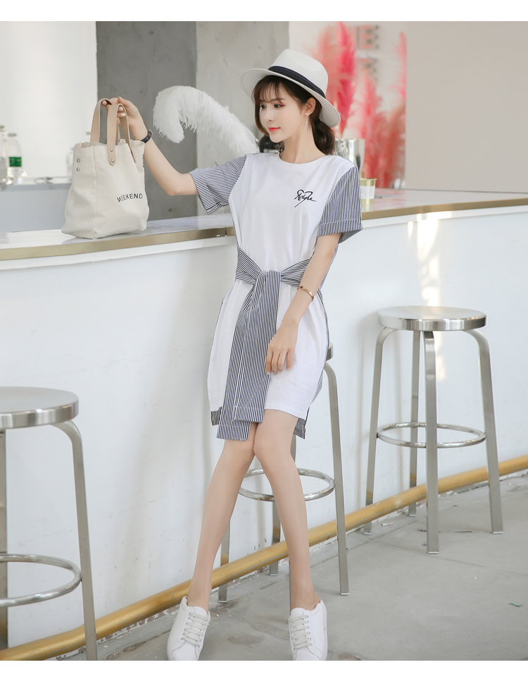 VK旗艦店 韓妞最愛條紋襯衫拼接綁帶短袖洋裝