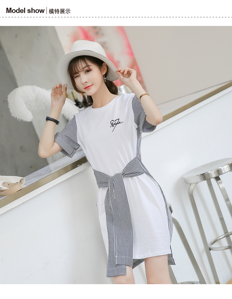 VK旗艦店 韓妞最愛條紋襯衫拼接綁帶短袖洋裝