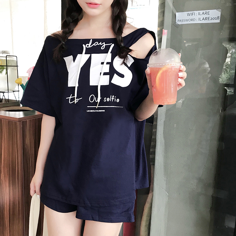 VK旗艦店 韓國學院風露肩寬鬆休閒圓領套裝短袖褲裝