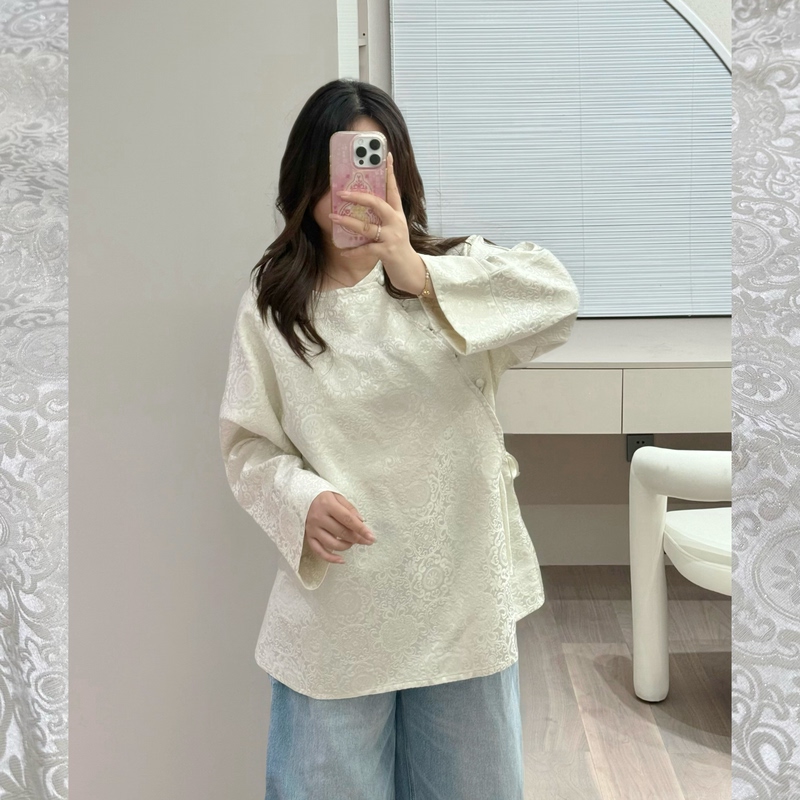Silk Woven Gold Thread Wool Pink and White Floral Round Neck Drop Shoulder Long Sleeve New Chinese Style Sweater Shirt Blouse