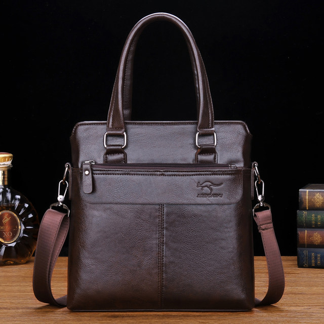 Jusen Kangaroo handbag ຫນັງແທ້ hand-held horizontal men's horizontal bag business leather shoulder crossbody bag casual briefcase