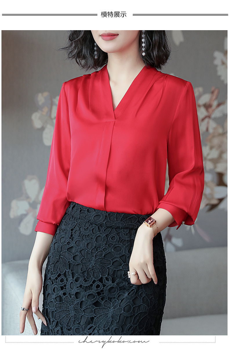 Áo lụa đỏ nữ nặng tay dài 2019 xuân mới khí chất lỏng áo sơ mi lụa mỏng áo sơ mi nữ công sở
