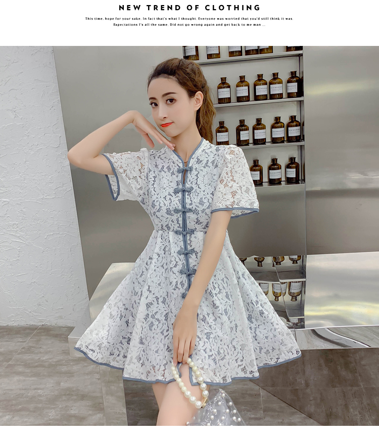 VK旗艦店 中國風中國結扣蕾絲拼色包邊旗袍短袖洋裝