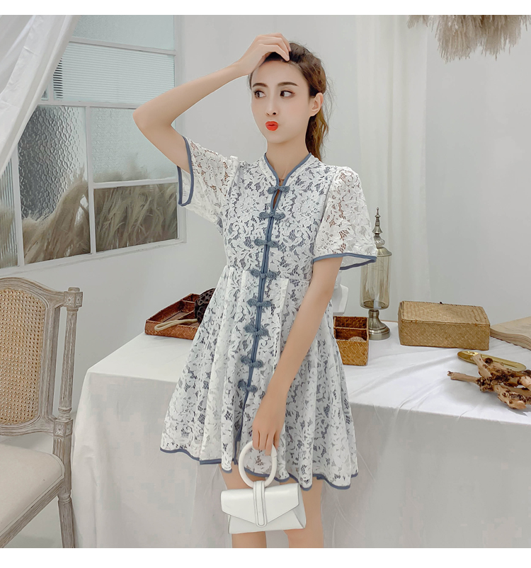 VK旗艦店 中國風中國結扣蕾絲拼色包邊旗袍短袖洋裝