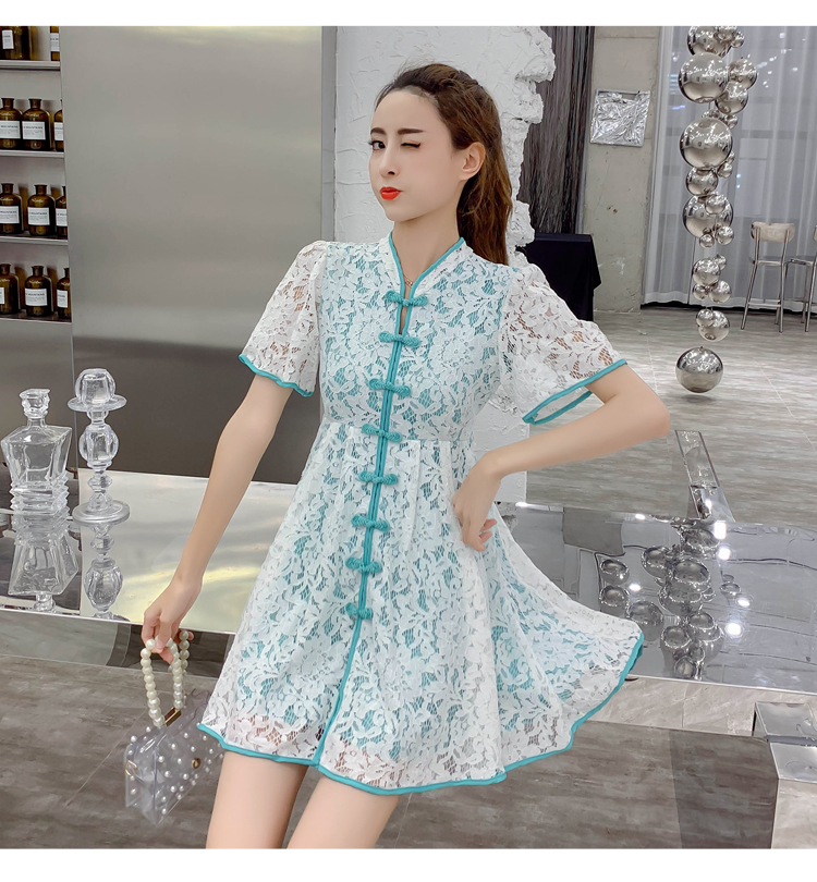 VK旗艦店 中國風中國結扣蕾絲拼色包邊旗袍短袖洋裝