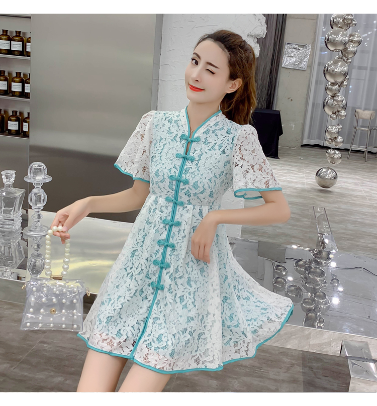 VK旗艦店 中國風中國結扣蕾絲拼色包邊旗袍短袖洋裝