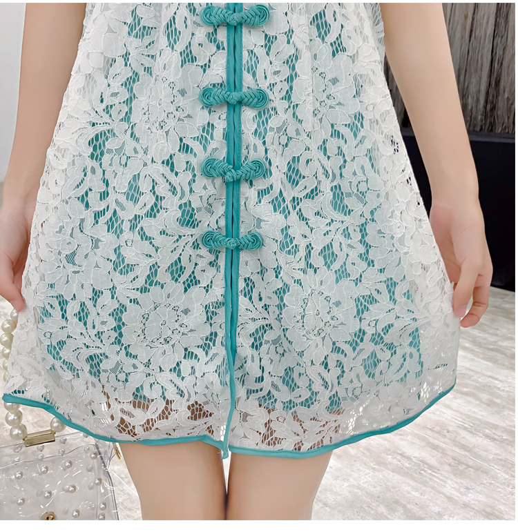 VK旗艦店 中國風中國結扣蕾絲拼色包邊旗袍短袖洋裝