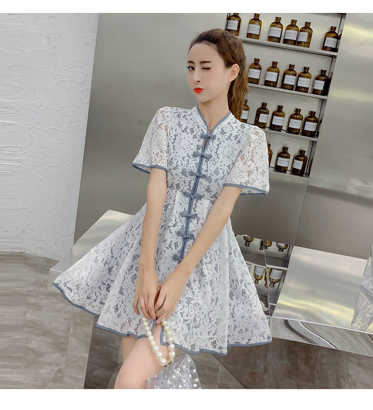 VK旗艦店 中國風中國結扣蕾絲拼色包邊旗袍短袖洋裝