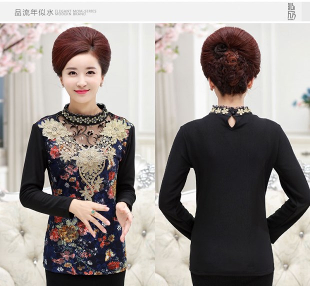 Quần áo mùa thu của phụ nữ trung niên Mẹ tải quần áo mùa thu và mùa đông Áo sơ mi dài tay trung niên cộng với nhung cơ sở dày ren phụ nữ váy tuổi trung niên