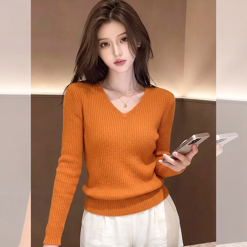 High-Quality Personal Favorite Recommendation~ French-Style Elegant Orange V-Neck Long-Sleeve Knit Sweater, Soft Wool Base Layer Top for Women in Autumn High-Quality Personal Favorite Recommendation~ French-Style Elegant Orange V-Neck Long-Sleeve Knit Sweater, Soft Wool Base Layer Top for Women in Autumn