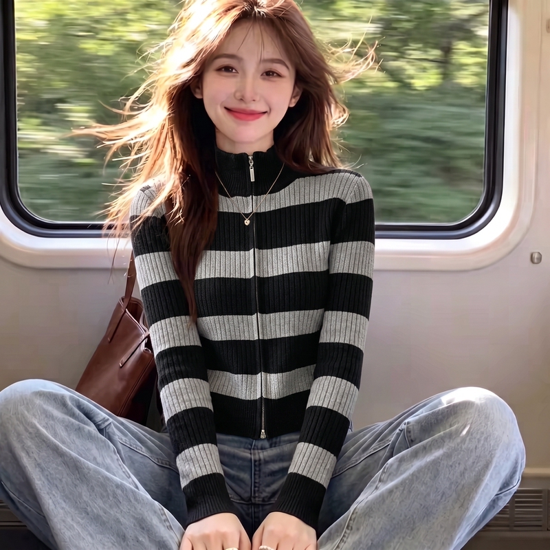 Recommended Style~ Korean-Style Striped Double-Zip Stand Collar Long-Sleeve Knitted Cardigan Short Sweater Jacket for Women, Autumn and Winter Recommended Style~ Korean-Style Striped Double-Zip Stand Collar Long-Sleeve Knitted Cardigan Short Sweater Jacket for Women, Autumn and Winter