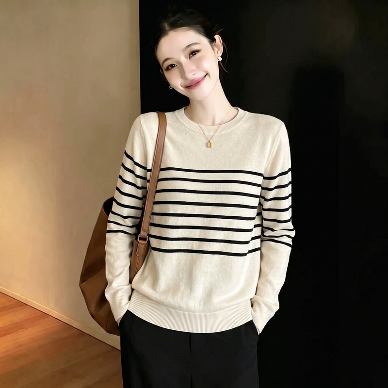 High-Quality Personal Recommendation~ Korean-Style Round-Neck Color-Block Striped Long-Sleeve Knit Sweater Versatile Sweater Top for Women in Autumn