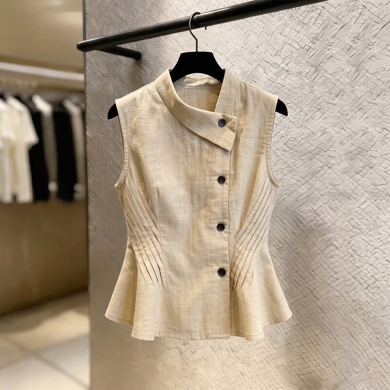 High-Quality Items for Personal Collection Recommended~ French-Style Design with Diagonal Collar, Button-Up, Sleeveless Vest Shirt Top for Women in Summer