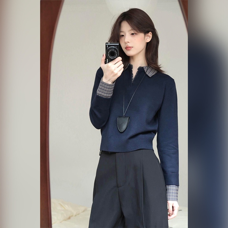 Outlet Clearance Brand Korean Style Polo Collar Shirt with Knitted Base Layer Wool Top for Women Outlet Clearance Brand Korean Style Polo Collar Shirt with Knitted Base Layer Wool Top for Women