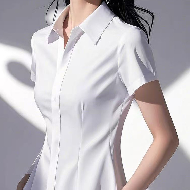 Outlet Clearance Brand Unique and Exquisite Polo Collar White Short-Sleeve Chiffon Shirt Top for Women in Summer