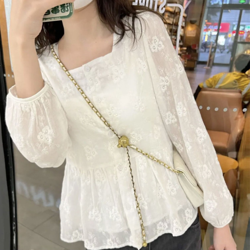 Блузка с кружевной талией, свободная шифоновая белая рубашка, женский западный стиль, шикарная, уменьшающая возраст, красивая юбка, закрывающая живот, маленькая рубашка, осень