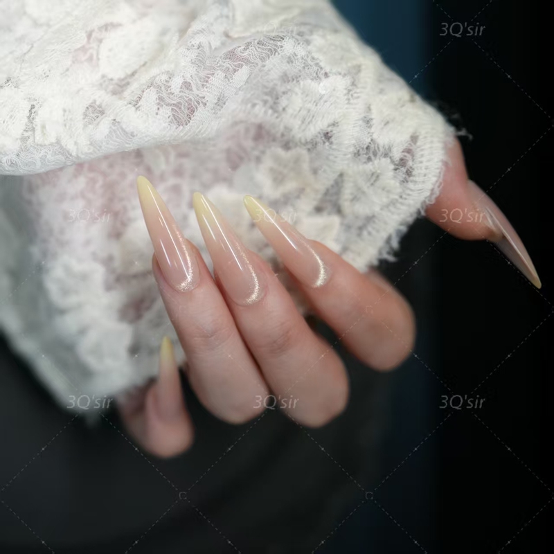 3Qsir【Guagua Le】Nude Color Gentle Gradient Crystal Ball Cat Eye Pure Handmade Wearable Nails