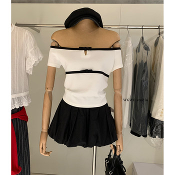 Lin Xiaxia's Stylish Color-Blocked Bowknot One-Shoulder Slim-Fit Top