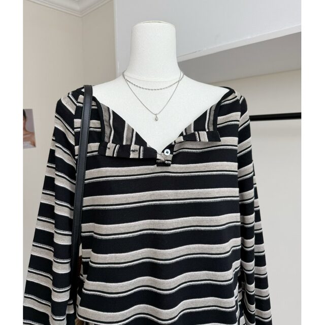 Lin Xiasha Paper-Thin Striped Lazy Style Striped Long-Sleeve T-Shirt