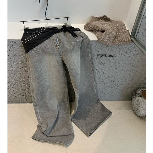 Lin Xi Xi Gray-Toned Distressed Vintage Dirty Wash Wide-Leg Jeans