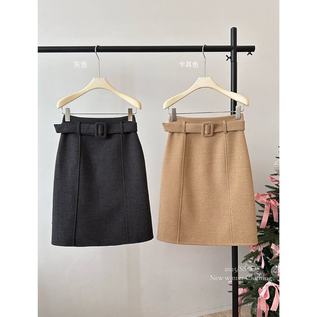 Lin Xiaxia high-waisted woolen mid-skirt winter slimming over-the-knee skirt temperament straight back slit skirt