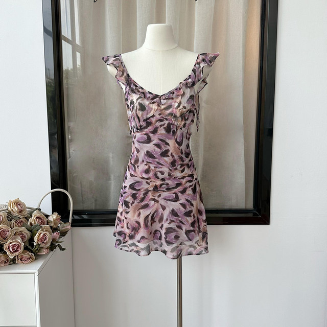 Lin Xi Xi French-Style V-Neck Romantic Purple Leopard Print Oil Painting Bias-Cut Summer Vacation Style Slim-Fit Spaghetti Strap Dress