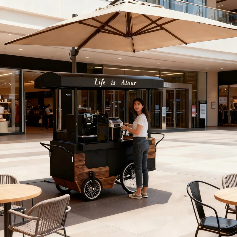 Fashionable Mobile Coffee Cart, Wooden Cart with Wheels, Commercial Stall Cart, Multi-Functional Catering Cart, Promotional Cart, Dessert Cart Fashionable Mobile Coffee Cart, Wooden Cart with Wheels, Commercial Stall Cart, Multi-Functional Catering Cart, Promotional Cart, Dessert Cart