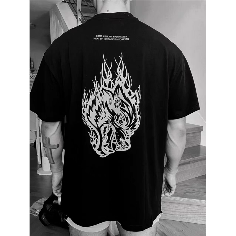 Heavyweight 260g Dsport Soar to the Skies Wolf Head Sports Loose Fit Washed Cotton Drapey Short Sleeve T-Shirt