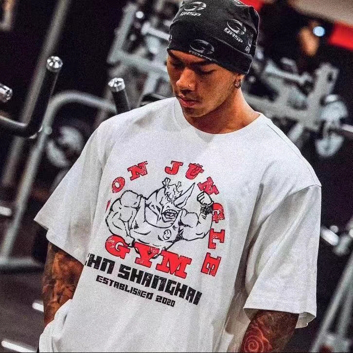 Heavyweight 260g Gym Distressed Print Crew Neck T-Shirt, Large Size, Sporty Retro Loose Fit, Summer Hot Item