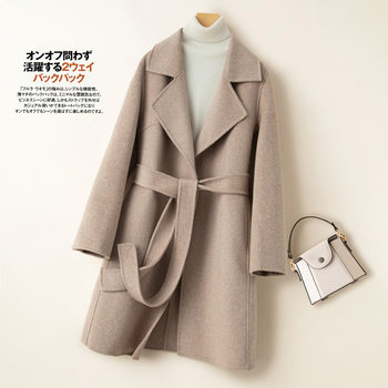 Mid-length double-sided woolen lace-up ultra-slim cashmere coat