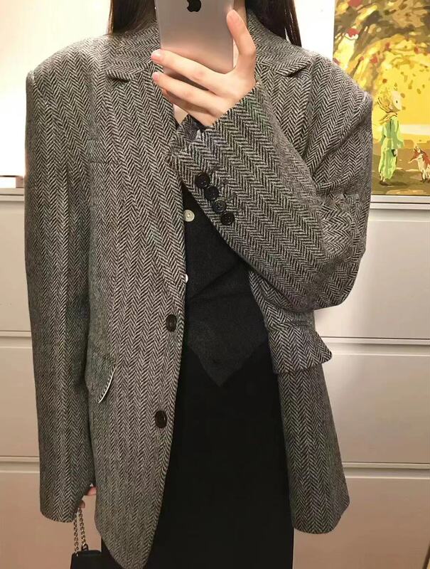 Tweed Retro All-Wool Blazer for Women, Autumn and Winter Loose Herringbone Pattern High-End Top, Elegant Wool Coat Tweed Retro All-Wool Blazer for Women, Autumn and Winter Loose Herringbone Pattern High-End Top, Elegant Wool Coat