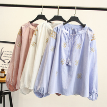 Fat plus size womens autumn New loose thin fat MM Korean tassel embroidered cotton lantern sleeve shirt