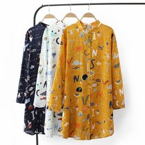 Fat plus size womens 19 Autumn New loose fat mm long fun printed stand neck cotton and linen middle sleeve shirt