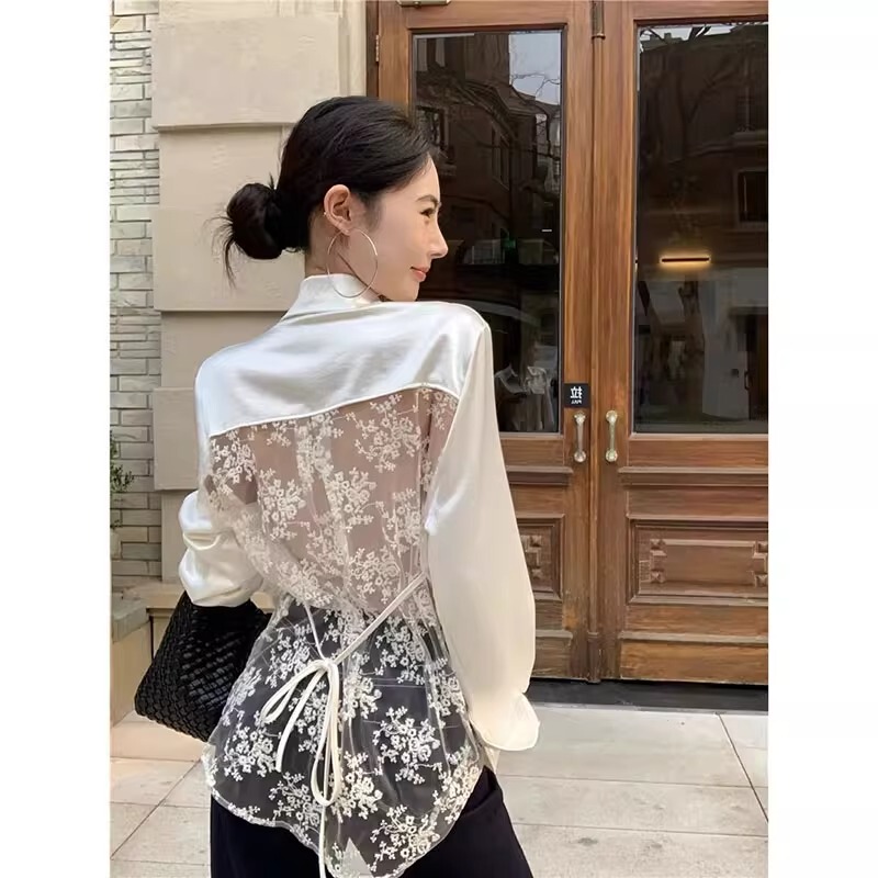 Backless Satin Lace Shirt for Women, Unique and Beautiful Summer Top with a High-End Feel, Open Back Sun Protection Shirt Backless Satin Lace Shirt for Women, Unique and Beautiful Summer Top with a High-End Feel, Open Back Sun Protection Shirt