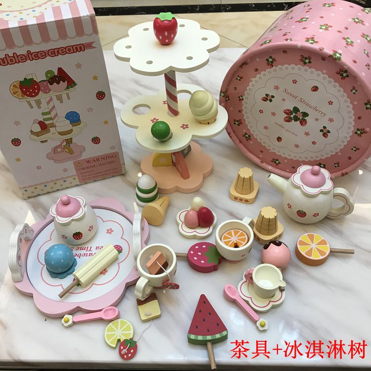 Cô gái tặng quà sinh nhật mô phỏng bộ ấm trà trẻ em chơi nhà bếp đặt buổi chiều bánh trà đồ chơi bằng gỗ búp bê bằng giấy