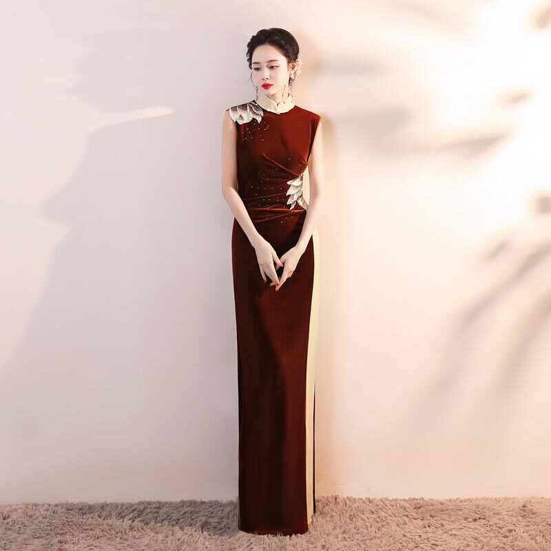 Китайский стиль без рукавов, улучшенный костюм cheongsam для выступления на подиуме, женский темперамент, ретро элегантная талия, высококлассная банкетная вечерняя церемония